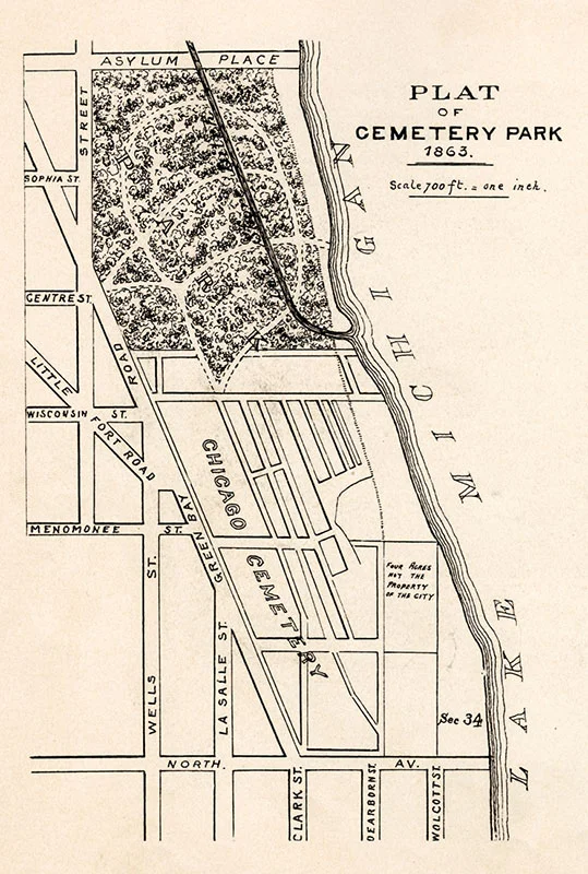 Plat of Cemetery Park, 1863, from Report of the Commissioners and A History of Lincoln Park, 1899, by I.J. Bryan.