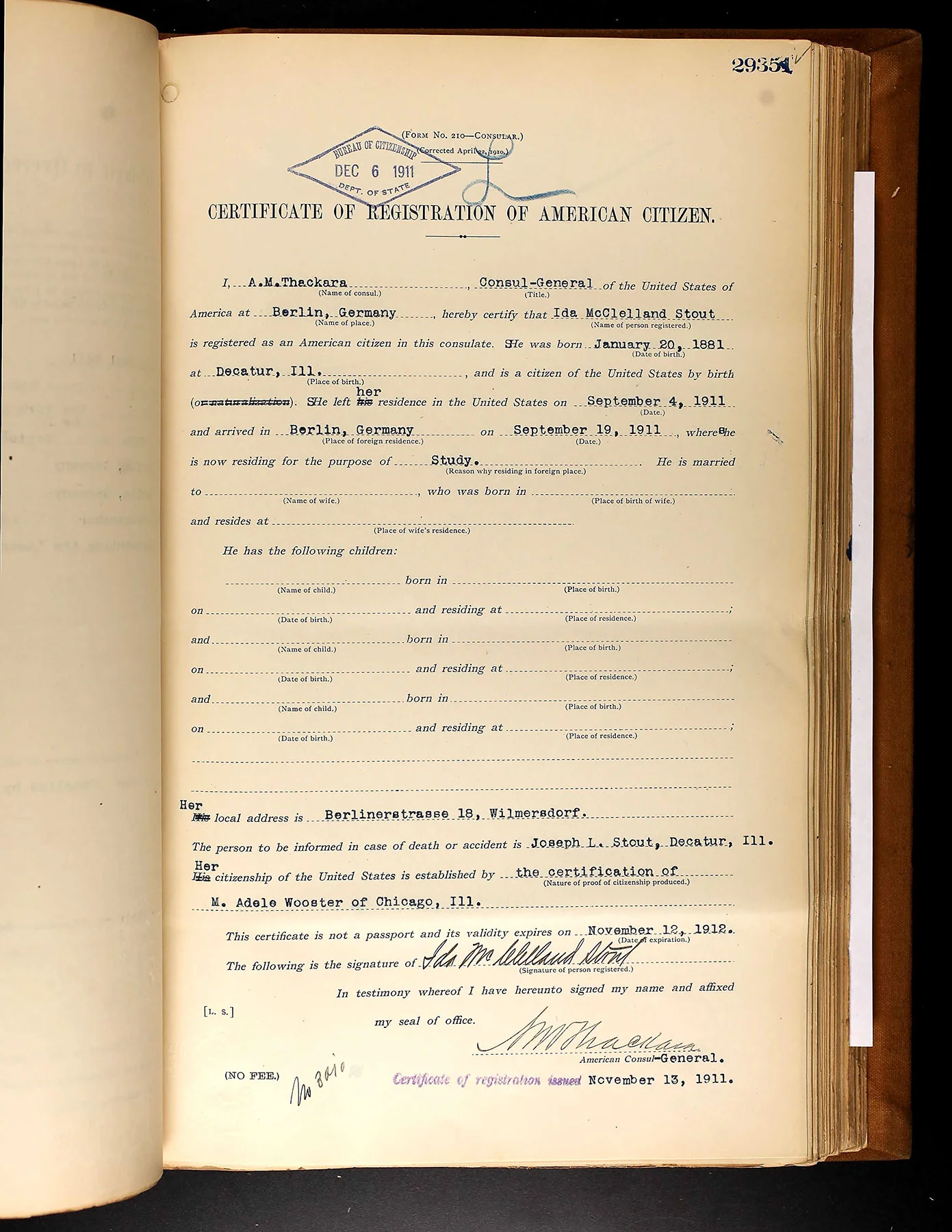 “Certificate of Registration of American Citizen” for Ida McClelland Stout, December 6, 1911.