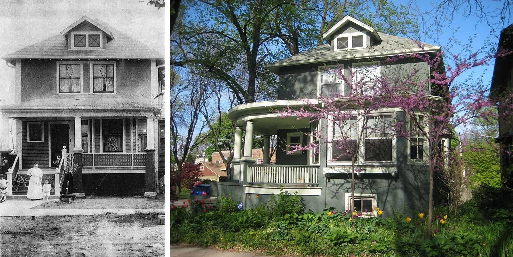 Left: Rozek House with its original front soon after its 1908 completion. Right: Rozek House with Norman’s front addition. Photo by Julia Bachrach.
