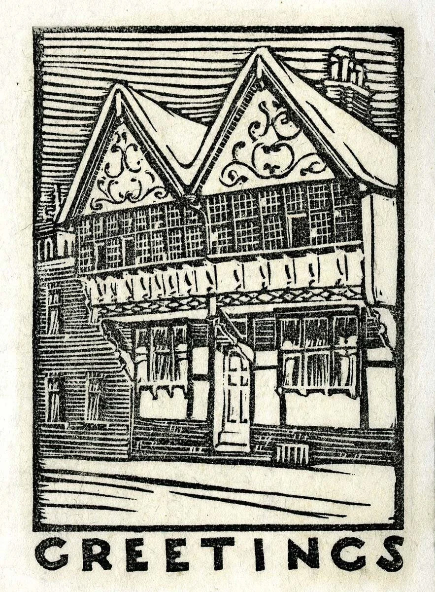 Christmas print depicting timber frame European home by Juliette Peddle, undated. Ball State University, Juliette Peddle Architectural Drawings.
