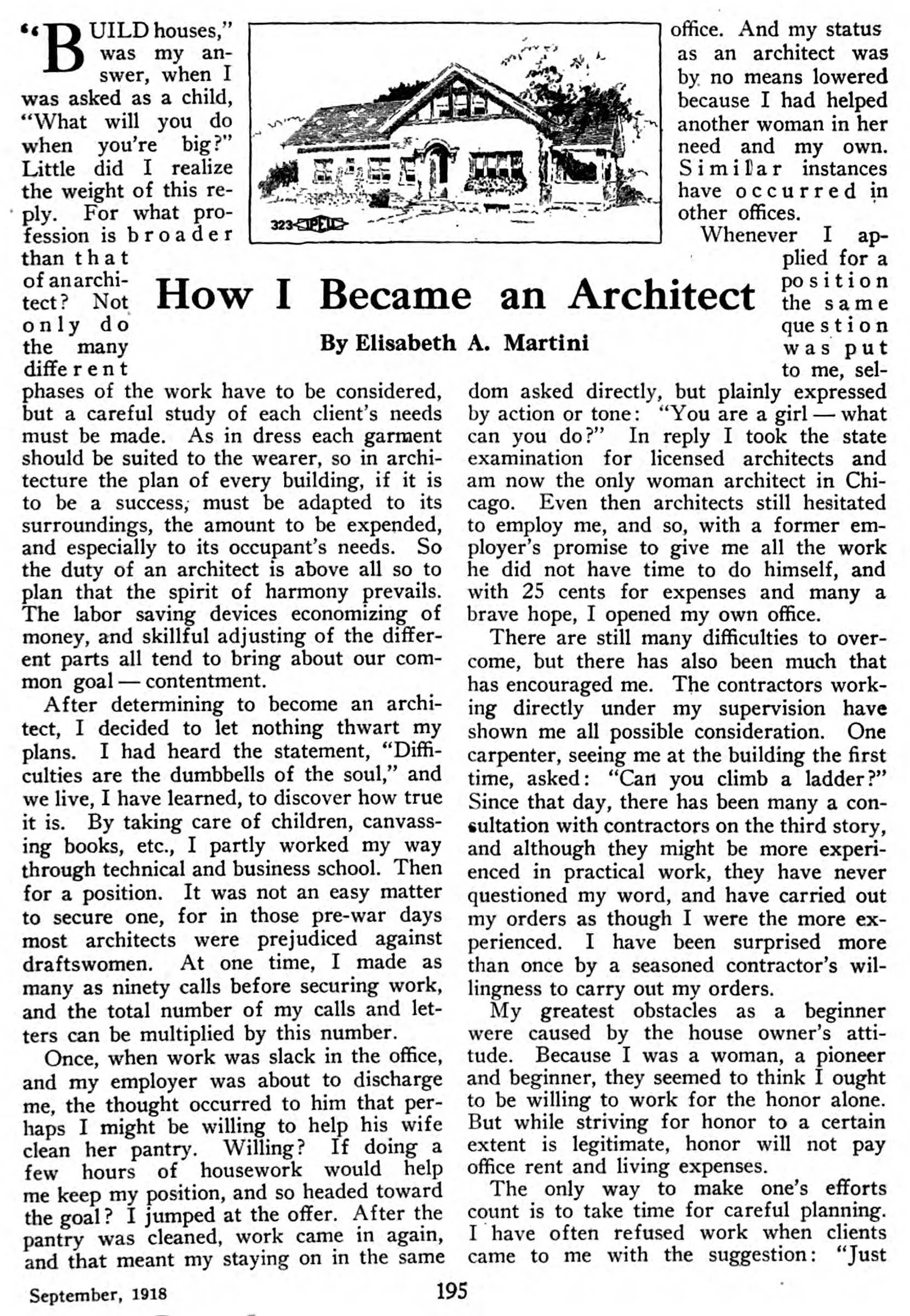 “How I Became and Architect,” by Elisabeth A. Martini, Life and Labor , Volume 8, 1918.