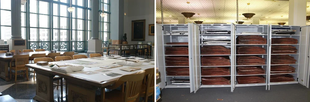 Left: Chicago Public Library’s Special Collections Reading Room. Right: One of the many storage cabinets that house the Chicago Park District collection behind the scenes at Harold Washington Library. Photos courtesy of Chicago Public Library.