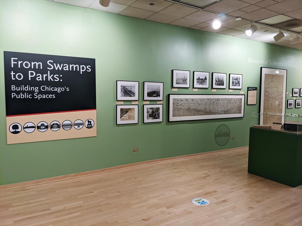 “From Swamps to Parks Building Chicago’s Public Spaces,” is on display in the Harold Washington Library’s 9th floor exhibit hall. Courtesy of Chicago Public Library.