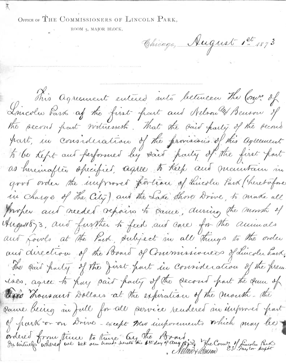 Contract between Nelson &amp; Benson and Lincoln Park Commissioners, August 1, 1873.