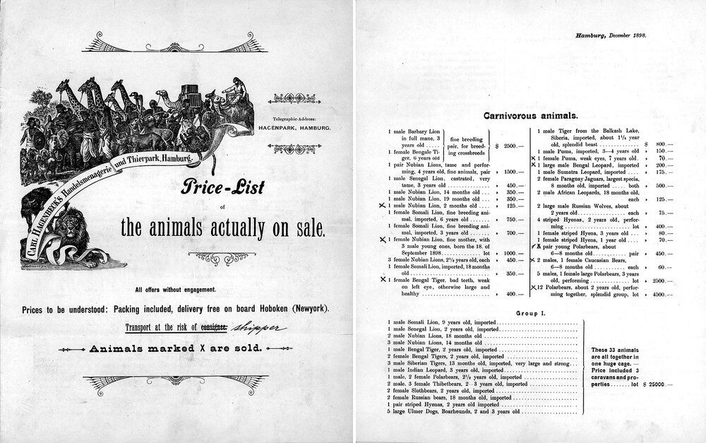 Left: Cover of price list from Carl Hagenbeck, German animal trainer and dealer, ca. 1900. Right: Completed order from Lincoln Park Zoo, ca. 1900.