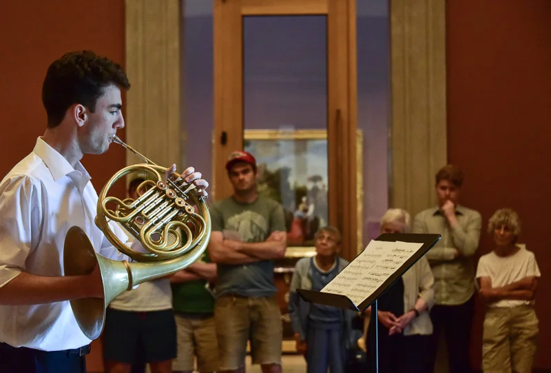David Alexander plays “Shadowplay” during the Composers at the Museum event at the Bowdoin Museum of Art, July 2018. Photo credit: Acadia Mezzofanti