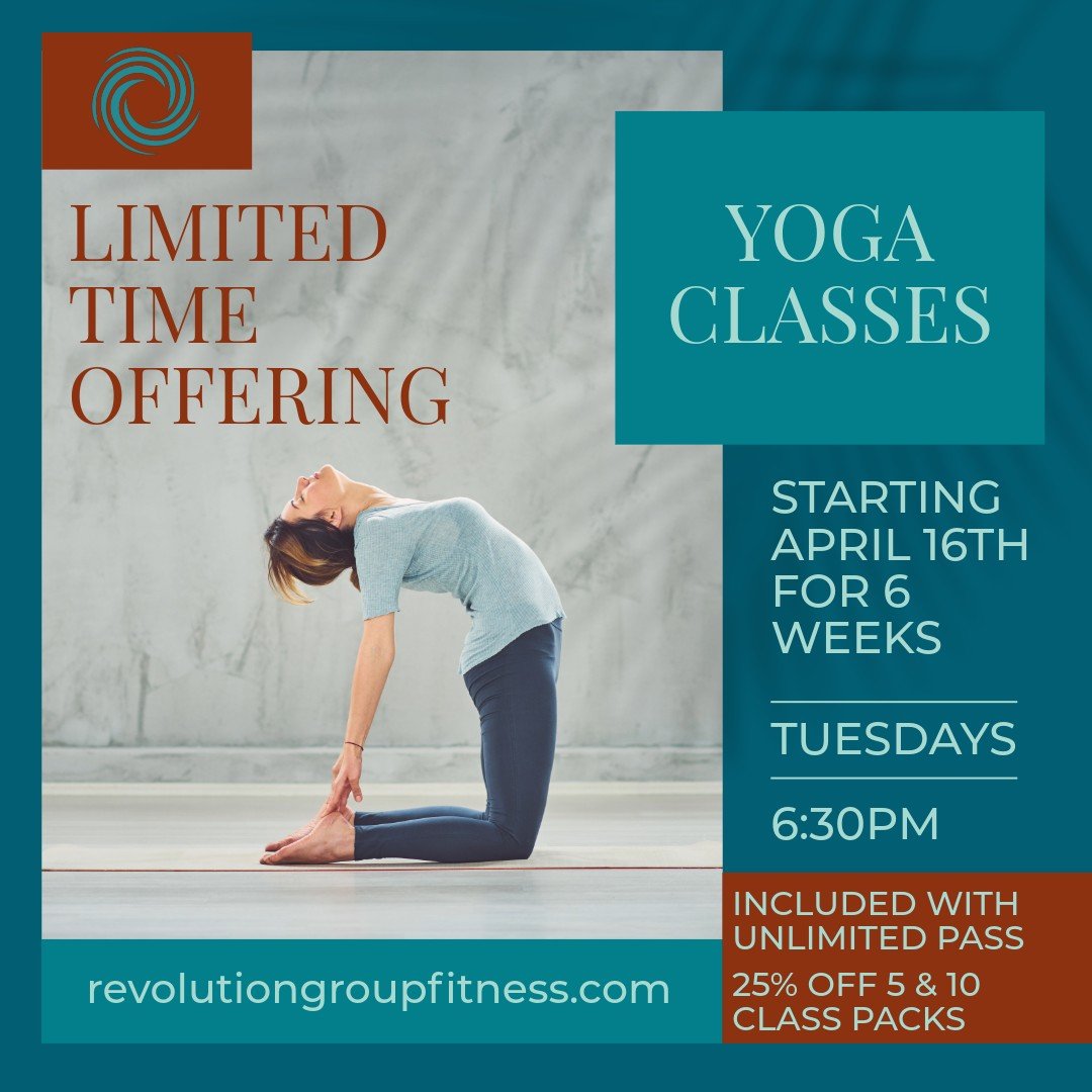 🎉 Big news, fitness fam! 🙌 Starting April 16th, we're bringing yoga to Revolution Group Fitness for a special 6-week trial! 🧘&zwj;♀️ Join us every Tuesday at 6:30 PM and discover the incredible benefits of yoga, from improved flexibility to inner 