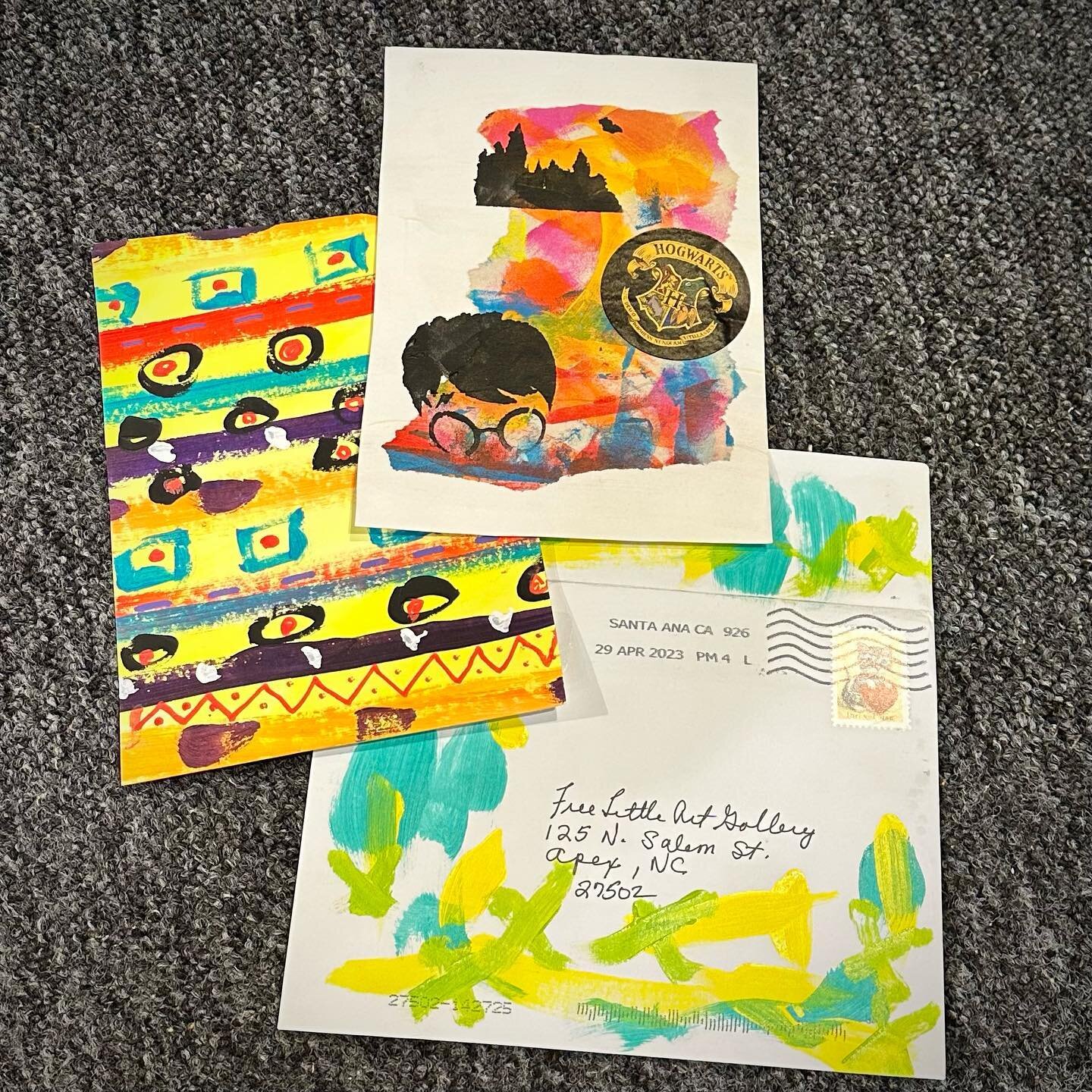 Thanks to Sharon @sgermick for the #flagmail from California! We are so excited to get art mail from across the country ✉️ We love your vibrant colors and #harrypotter piece! Thanks a million from Apex, NC!