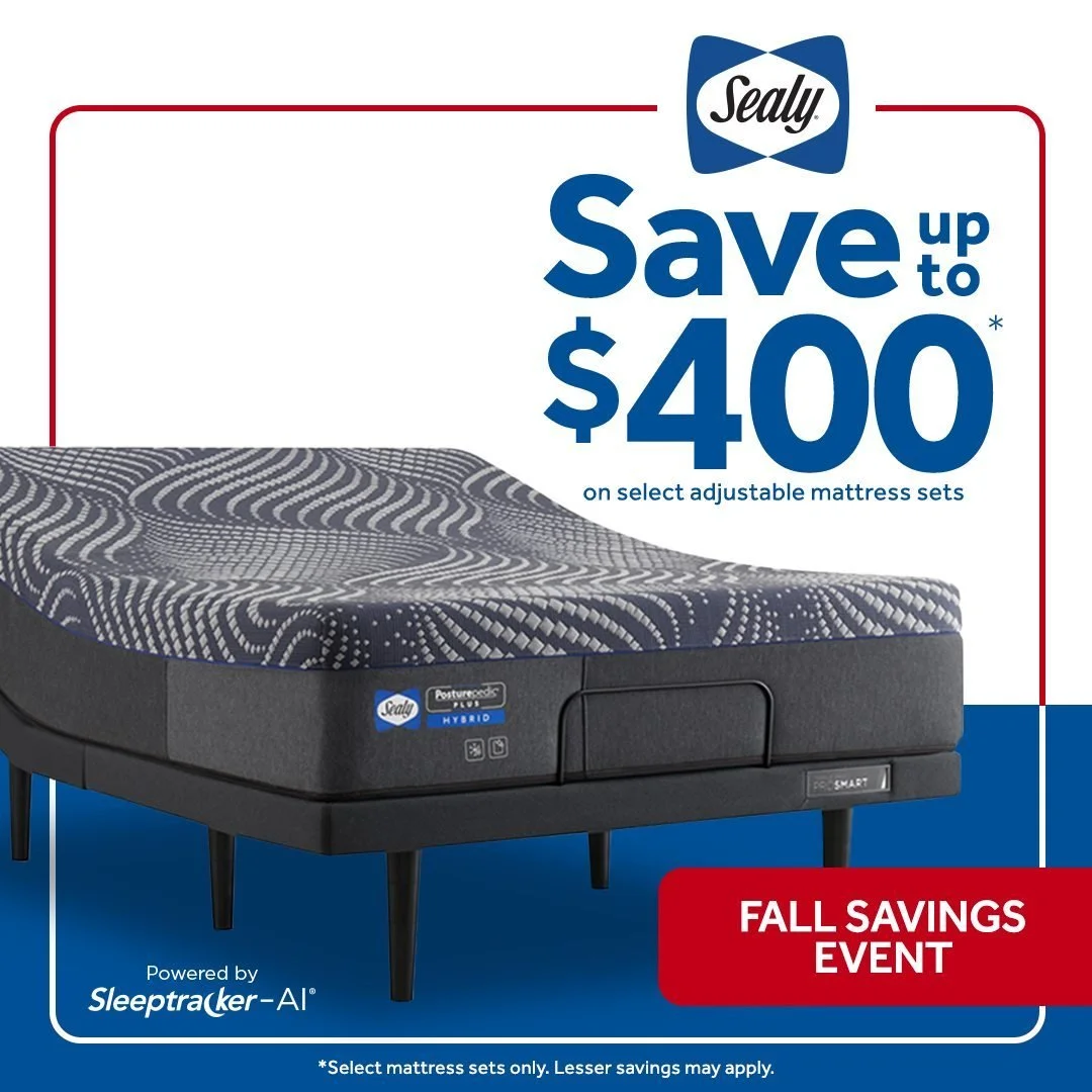 The Fall Savings Event ends soon. Don&rsquo;t miss your chance to save up to $400* on select Sealy&reg; adjustable mattress sets. Talk to a Christian's Mattress Xpress expert in-store today to find your dream Sealy&reg; mattress.