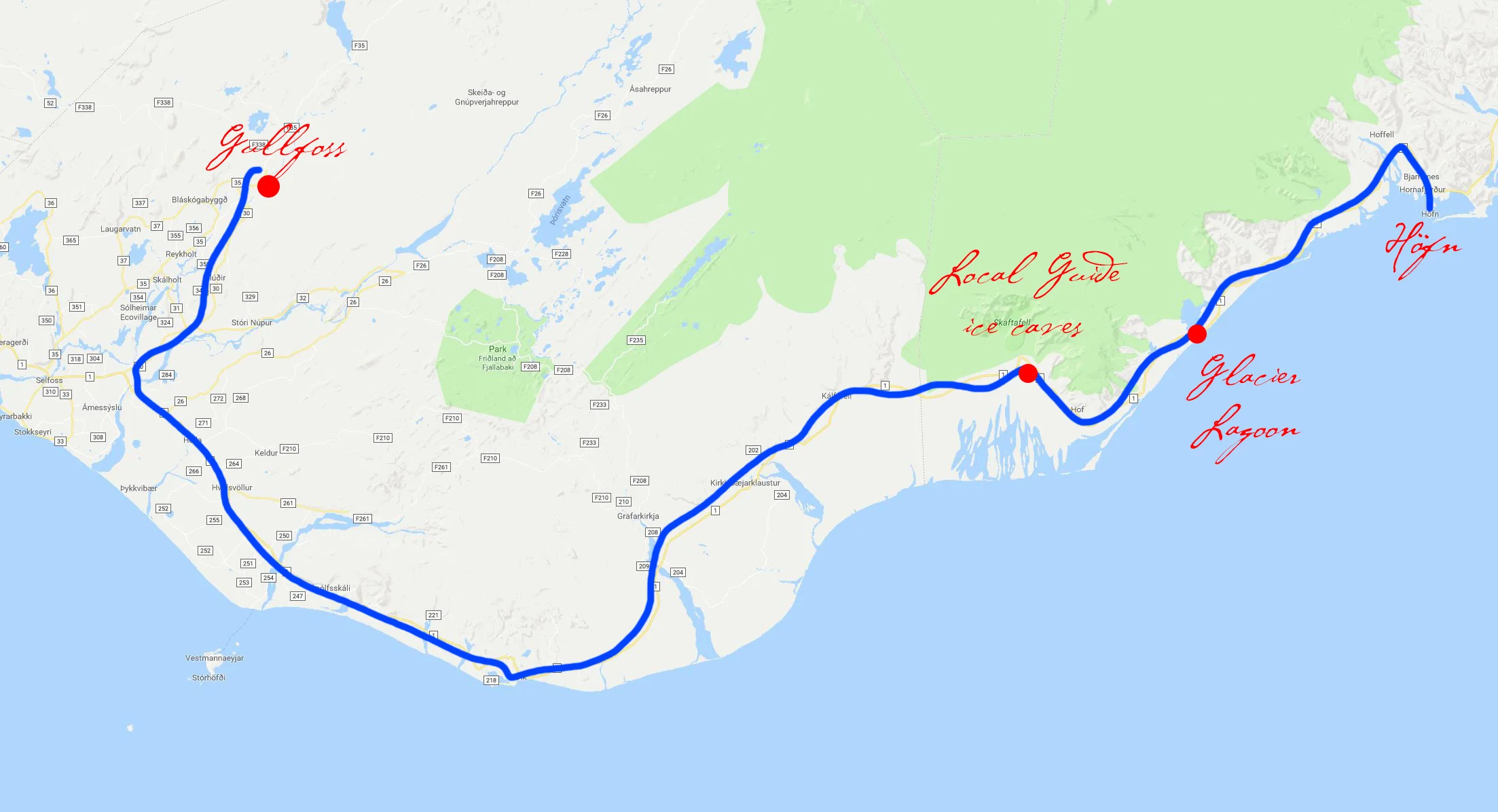 Drive from Höfn to Gullfoss through the Jökulsárlón Glacier Lagoon and Skaftafell glacier