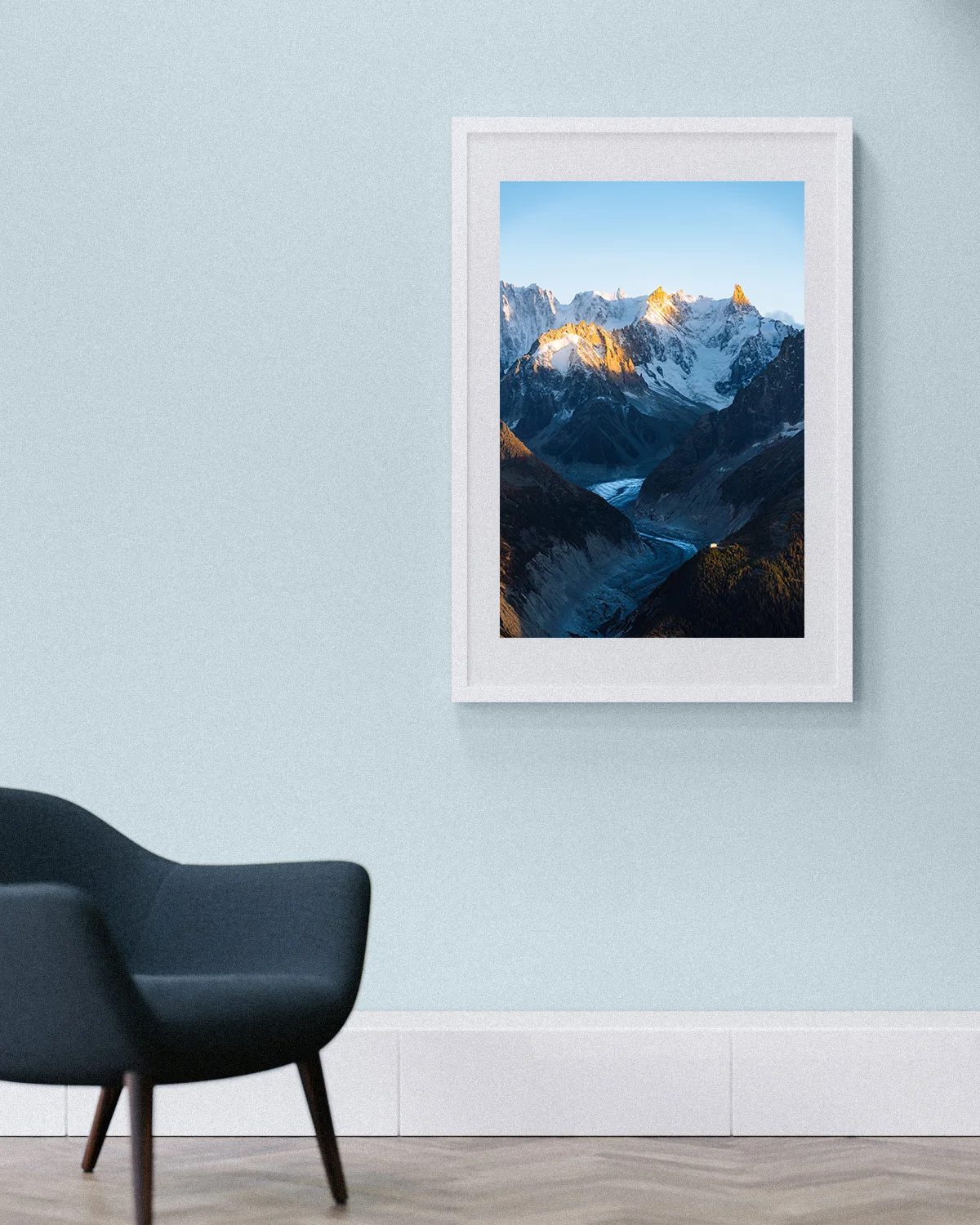 Mockup of a fine art print of a sunset in the mountains above Mer de Glace