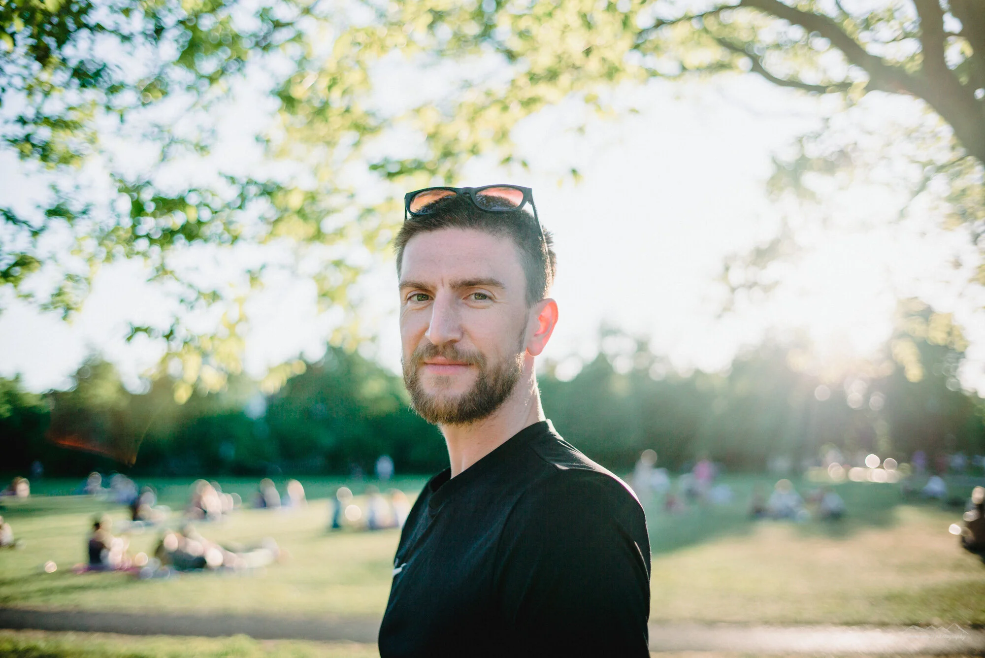 A man with a beard and glasses on his head looks at the camera in a park with sunlight filtering through trees, and people sitting on the grass in the background.