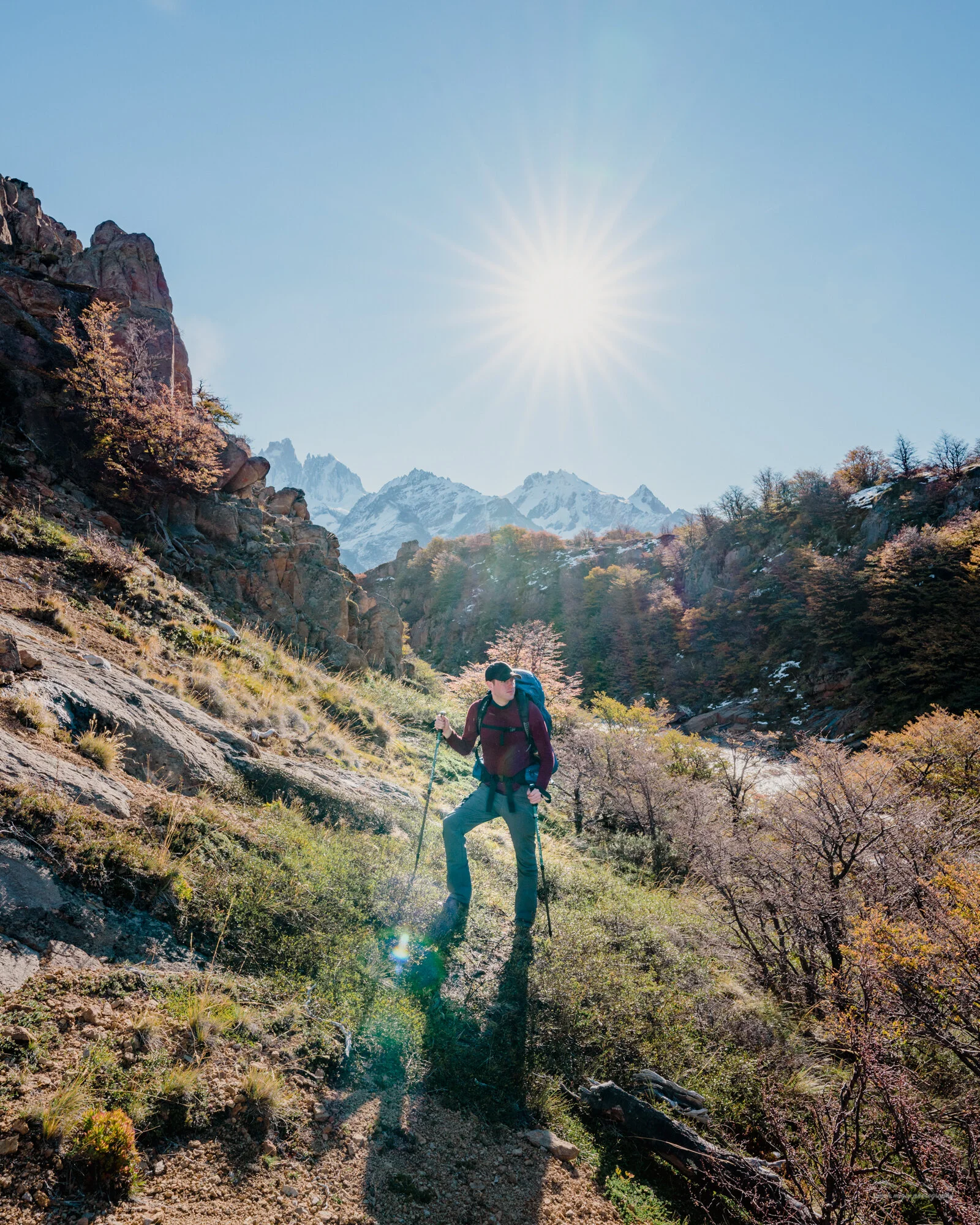A hiker walking on a trail in a mountainous area during sunny weather, with snow-capped peaks in the background and trees with pink blossoms.