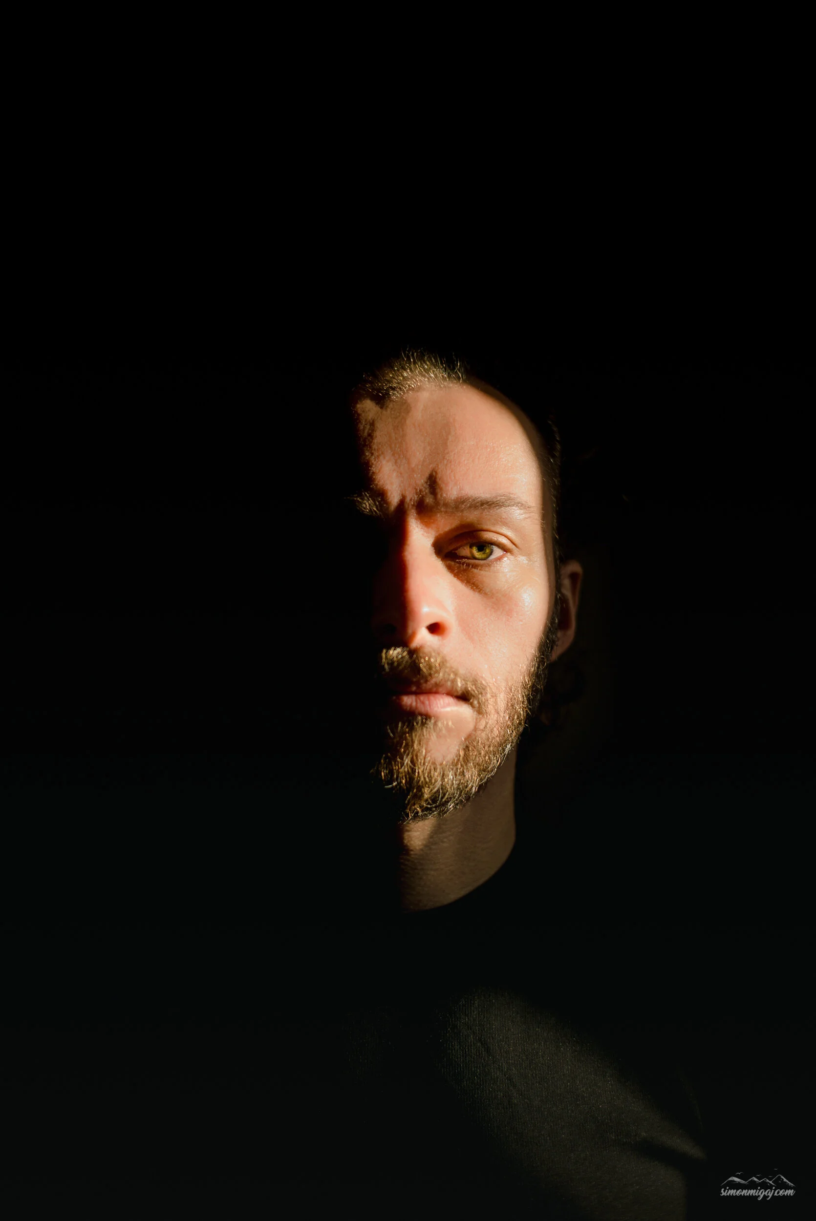 Half of a man's face illuminated against a black background, with striking green eyes, short brown hair, and a beard.