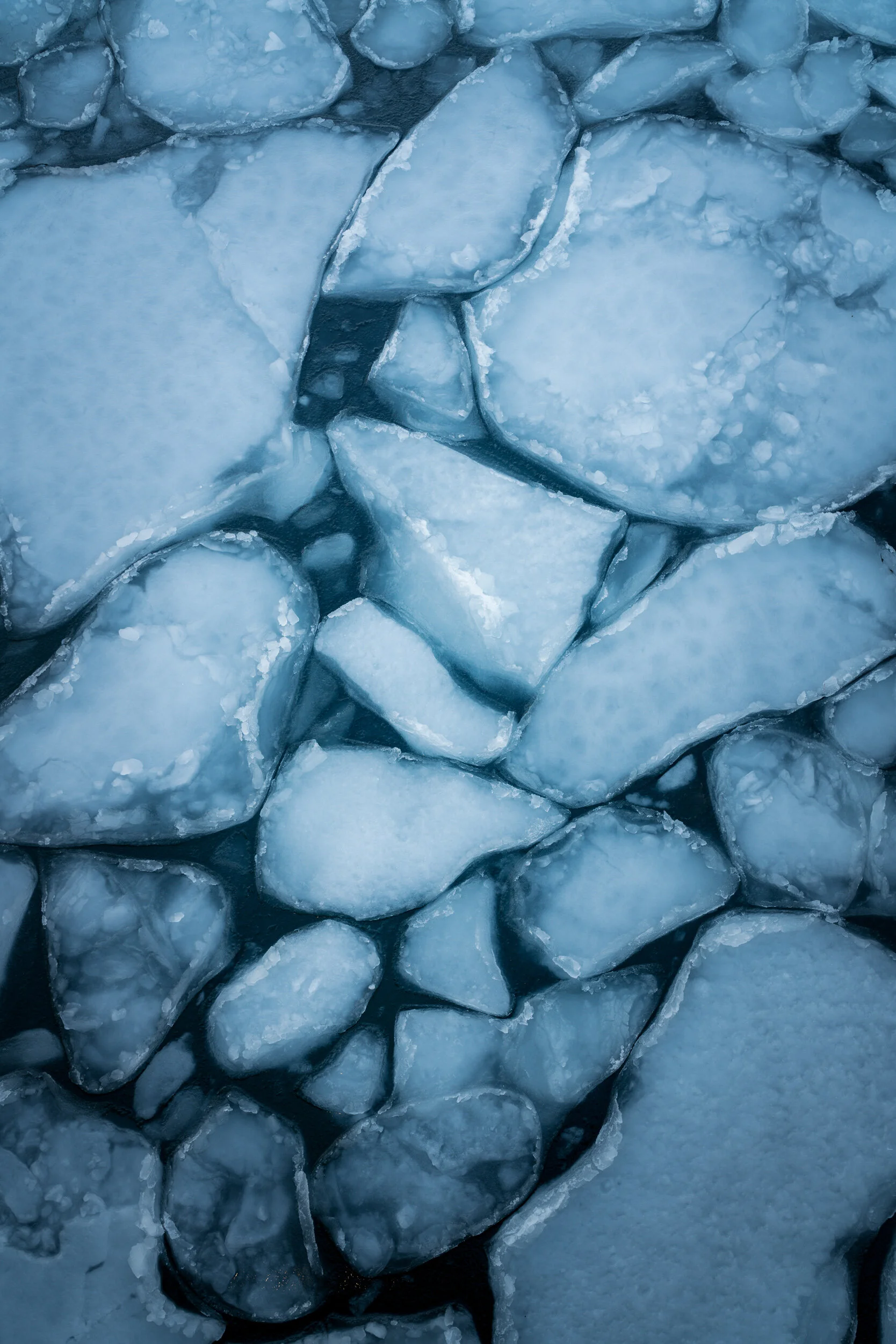 Close-up view of fragmented ice blocks forming a frozen surface in shades of blue.