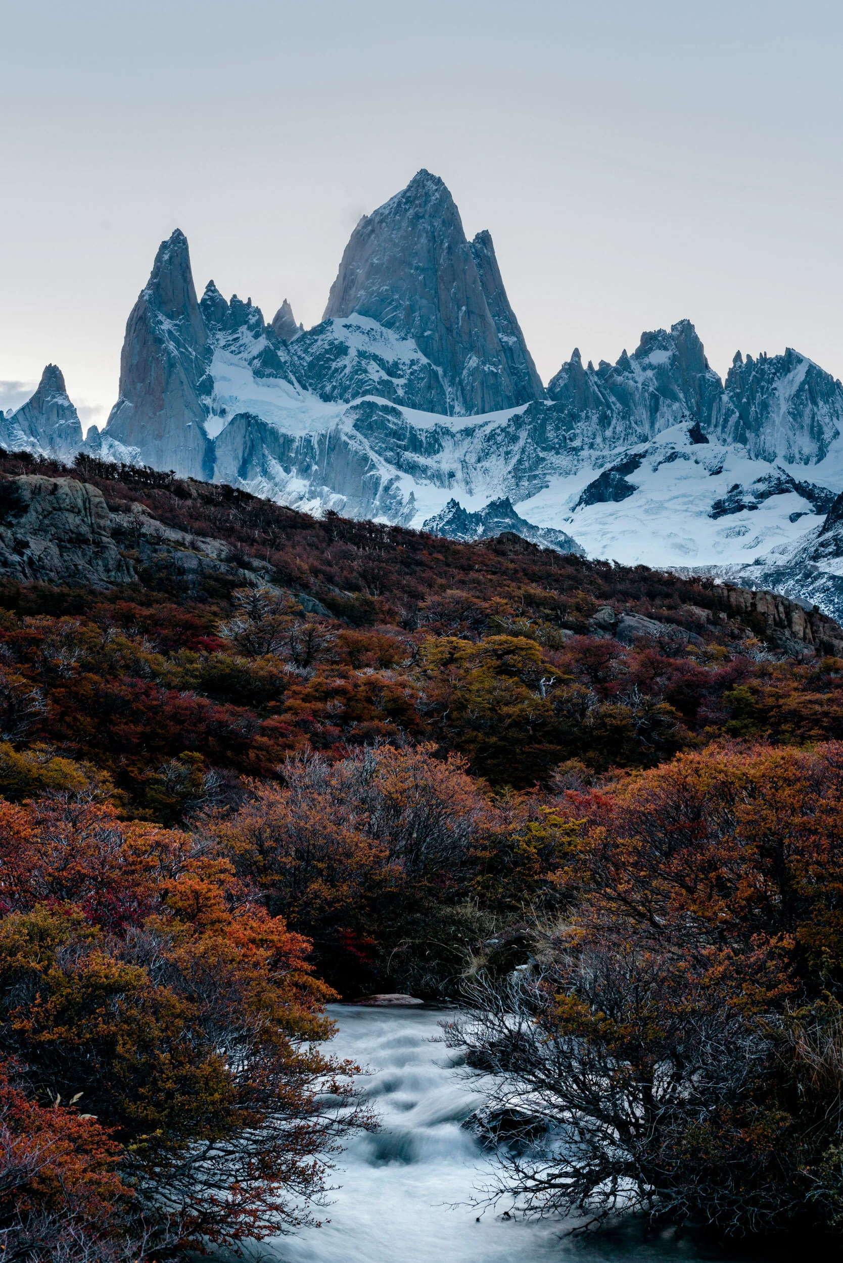 Snow-covered mountain peaks behind a forest of colorful autumn trees and a flowing river in the foreground.