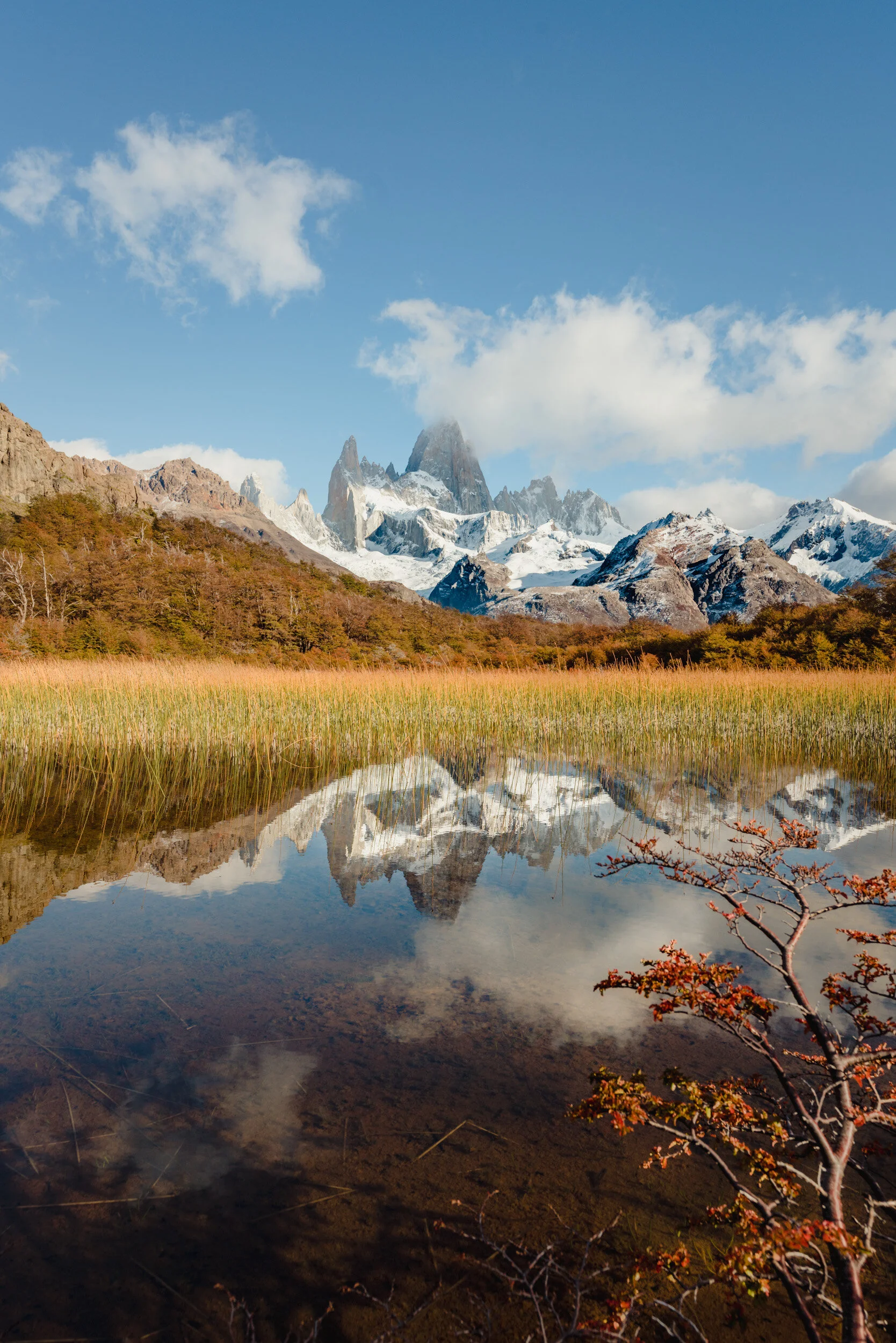 Mountain range with snow-capped peaks, a partly cloudy sky, a forested hillside, and a calm body of water reflecting the scenery.
