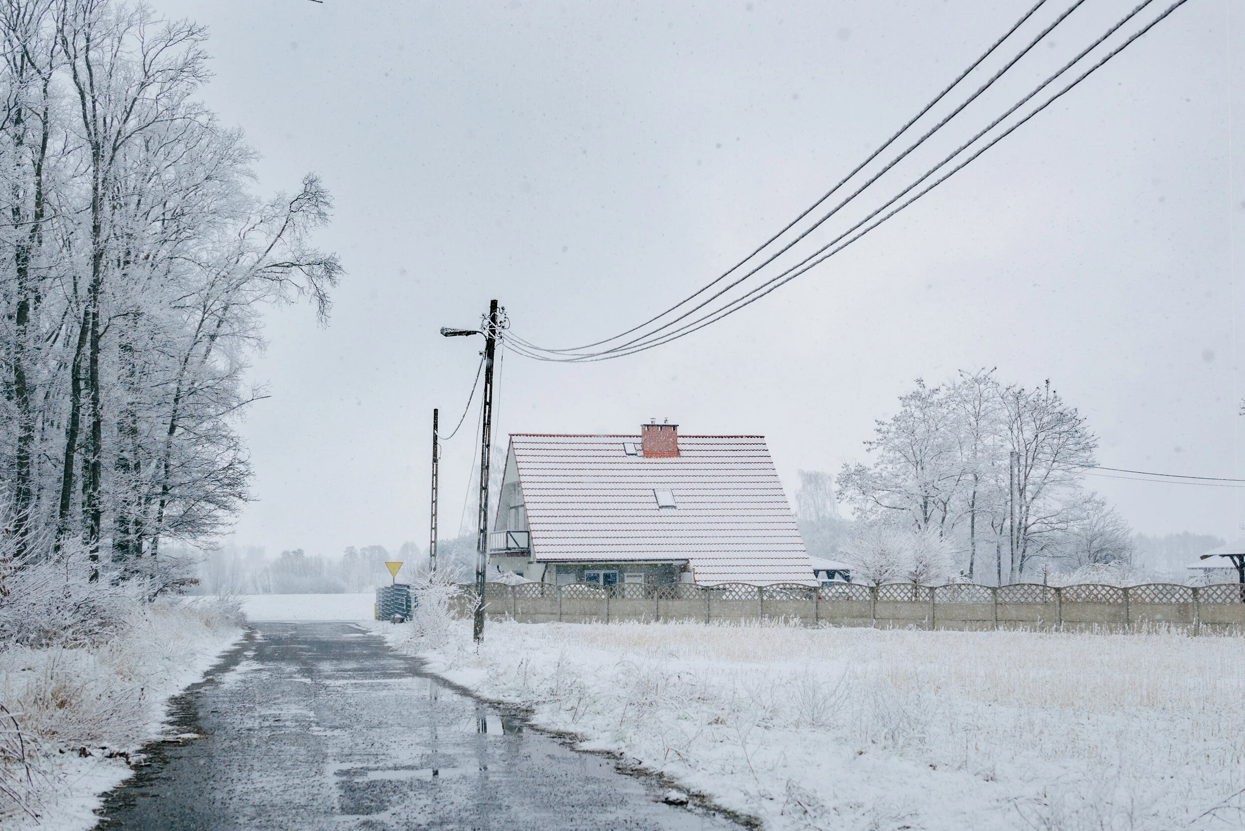 Snow-covered house with a red roof, surrounded by snow-laden trees, utility pole with wires, and a wet pathway in a winter landscape.