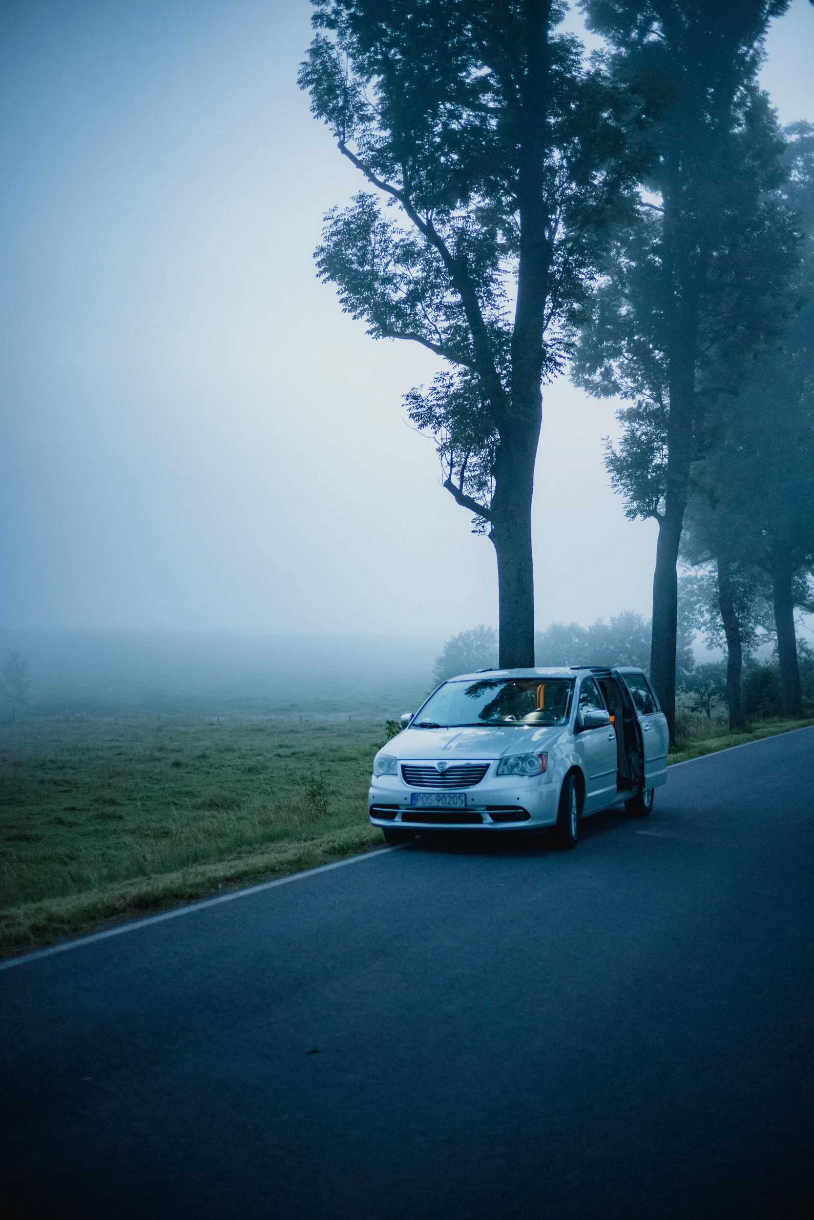 A silver minivan parked on the side of a road with its driver-side door open, surrounded by trees and fog, during early morning or late evening.