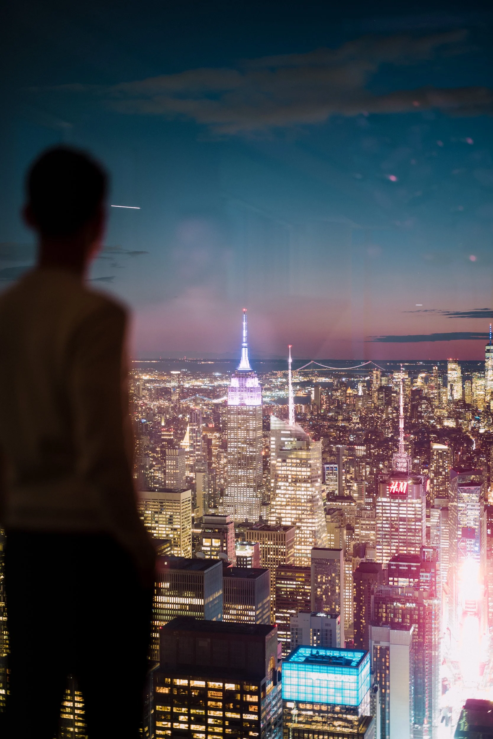 A person in silhouette gazing at the illuminated New York City skyline at night, including the Empire State Building and other skyscrapers, with a dark sky overhead.