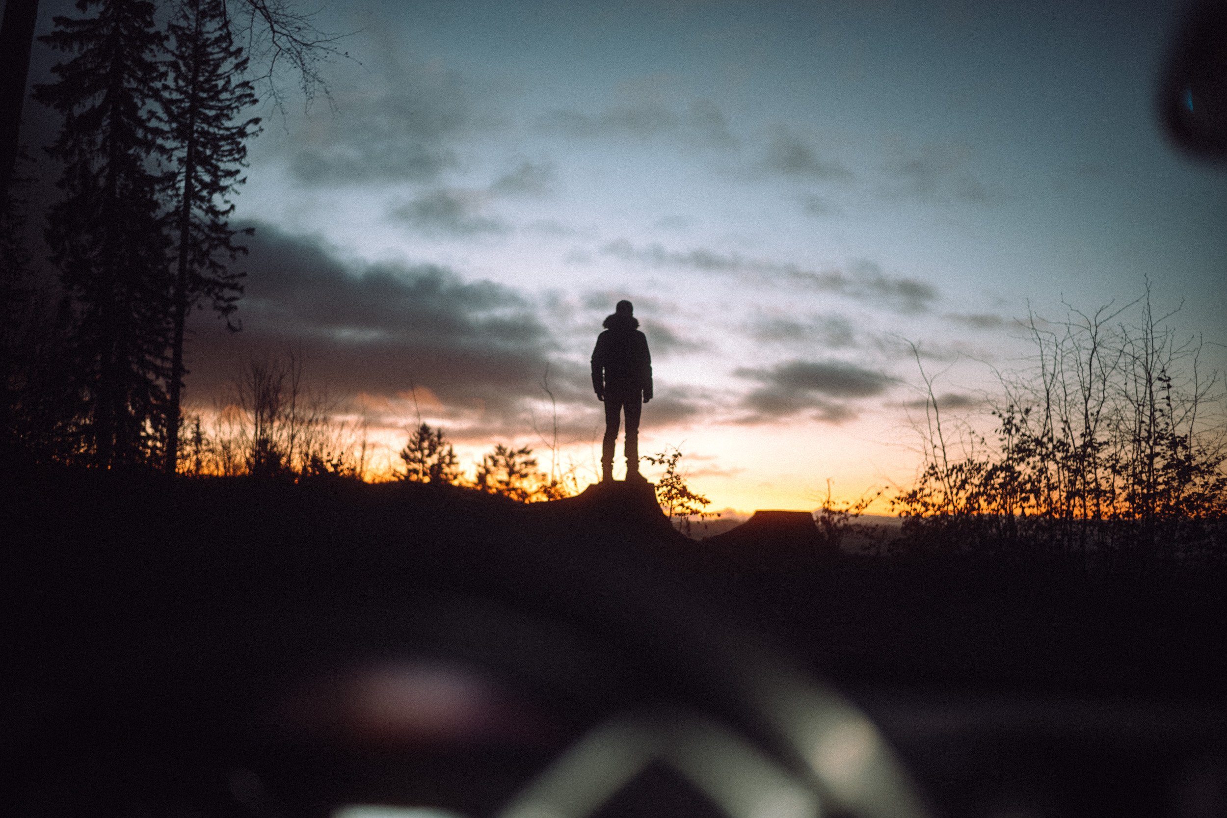 Silhouette of a person standing on a hill during sunset or sunrise, surrounded by trees and a cloudy sky.