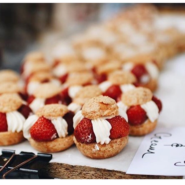 Small strawberries and cream choux, available during strawberry season: May- September
