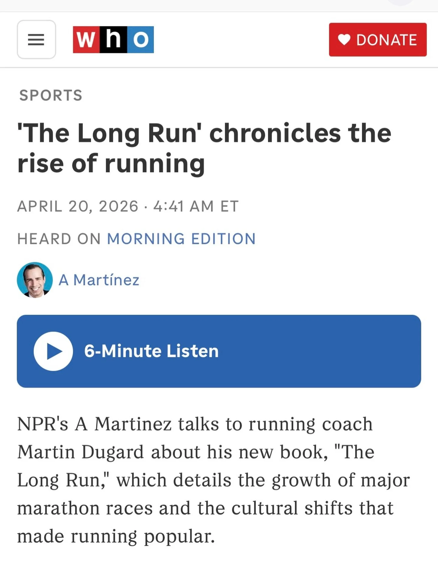 Best 6 minutes you&rsquo;ll hear today. Thanks @amartinezla for the interview. Link in bio!

#npr #nprmorningedition #thelongrun #historyofrunning #newbookrelease