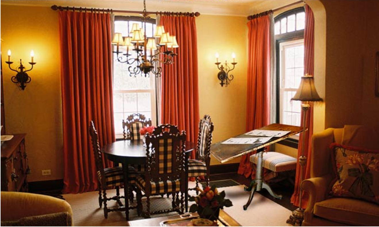 The living room, as it appears today, with the image of Chester Gould's drawing board superimposed in its original location. 