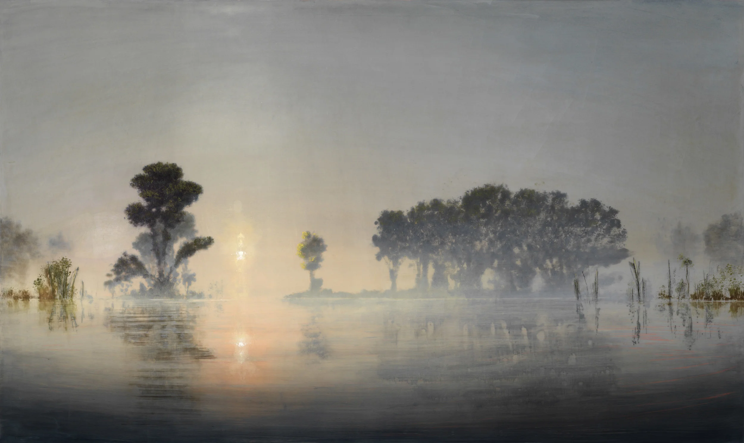 Stephen Hannock, Flooded River at Dawn (Mass MoCA #24) , 2016-17, Polished oil on canvas, 36 x 60"