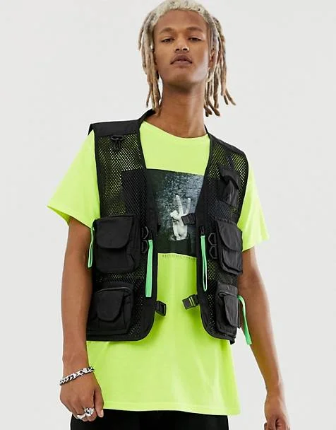 Reclaimed Vintage black gilet with neon pullers  C$94.68