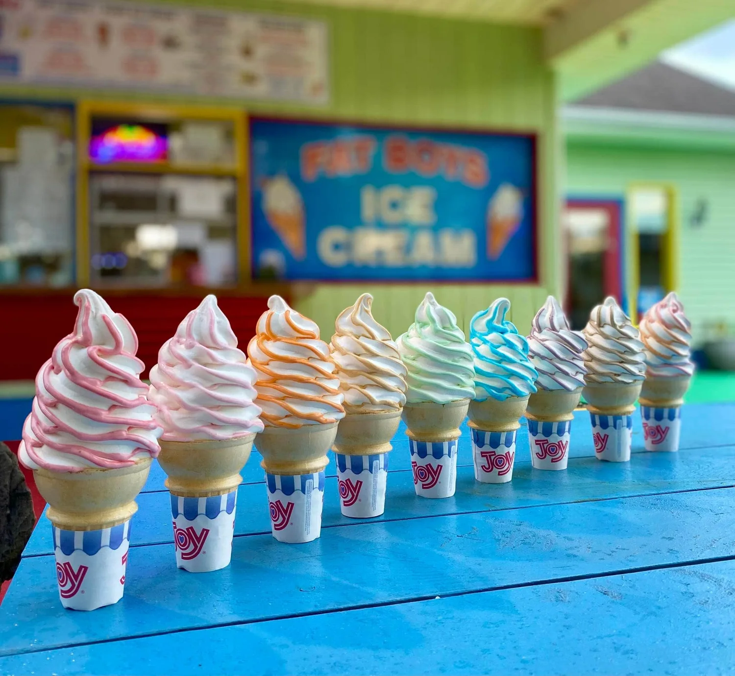 Colorful soft serve cones at Fat Boys Ice Cream, Schenectady NY