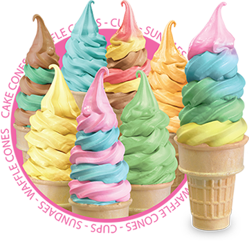Flavor Blend soft serve cones showing full-color blended product — multiple flavors fully integrated into soft serve product