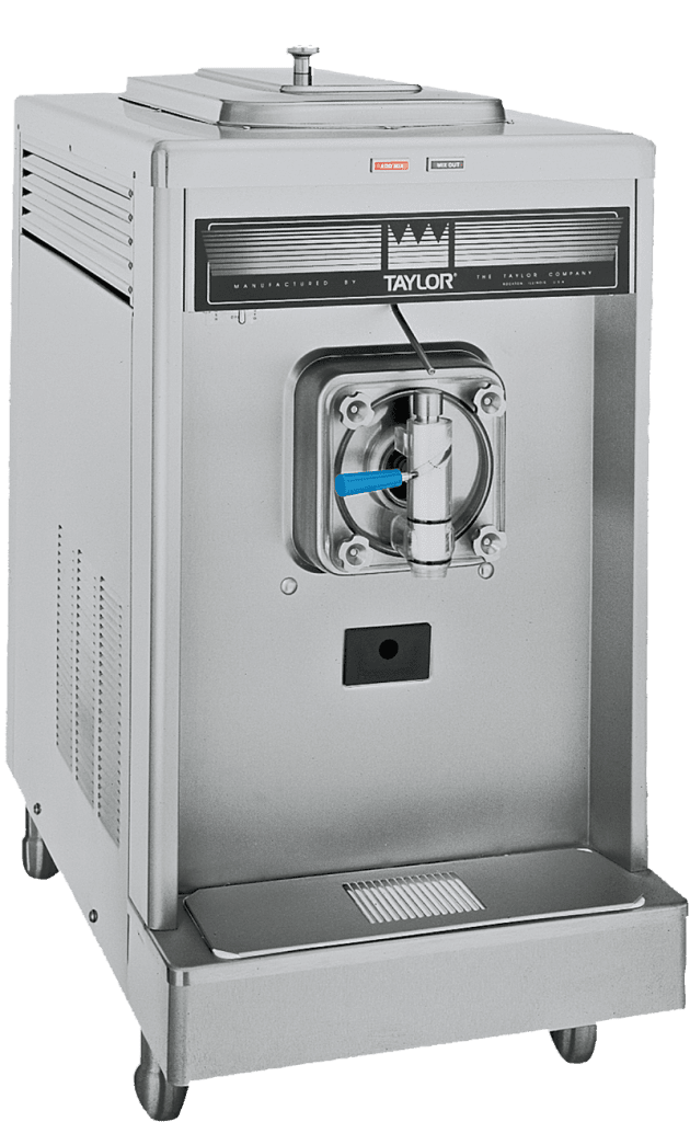 Stainless steel commercial frozen beverage machine with clear, front door and black front panel with the word Taylor and a crown.