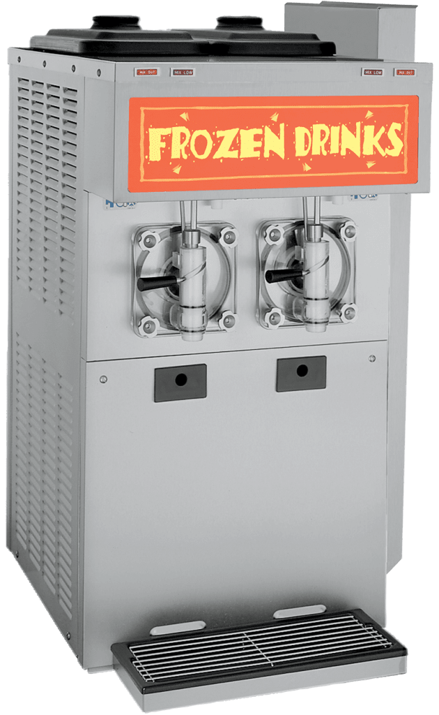 Commercial double spout frozen beverage freezer with red sign that says Frozen Drinks