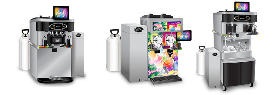 three Taylor machines with Flavor Burst Dual Spout machines attached to them, featuring a soft serve, frozen beverage and combination shake and soft serve machine.