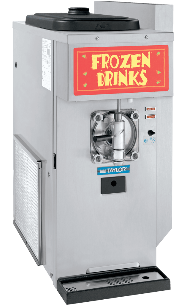 Commercial countertop frozen drink machine with red top panel and taylor logo under door spout.