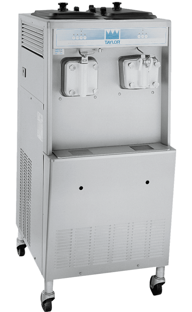 Commercial floor model combination shake and soft serve with 2 spouts and a blue taylor logo on top panel