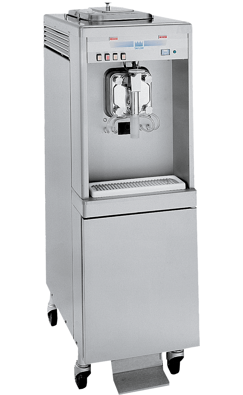 Stainless steel commercial milkshake machine made by Taylor with a foot pedal to dispense 1 of 4 flavors