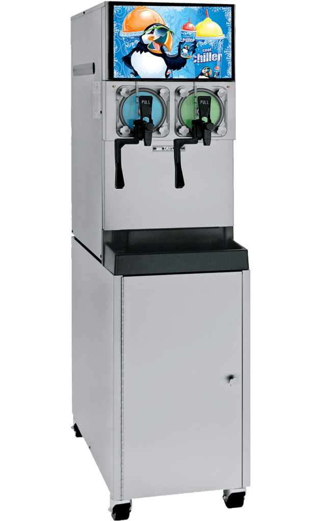 Commercial carbonated beverage machine, with two spouts, clear doors, and a puffin, holding up a frozen beverage with the words cool chiller