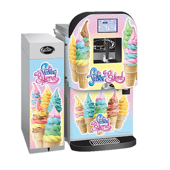 a stainless steel box with multiple flavor cones sitting next to a countertop soft serve machine that has a logo Flavor blend.