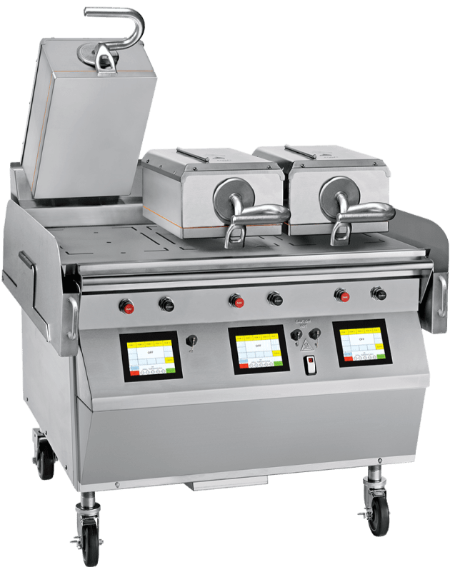 Taylor Model L811 electric griddle with three lanes and three top cooking elements, offering automatic time and temperature settings for cooking