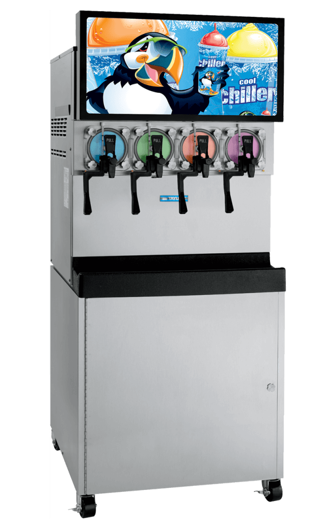 Commercial carbonated beverage machine, with four spouts, clear doors, and a puffin, holding up a frozen beverage with the words cool chiller