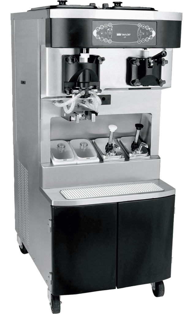Stainless and Black commercial soft serve and shake combination machine with 4 syrup lines attached to one spout and a syrup rail below.