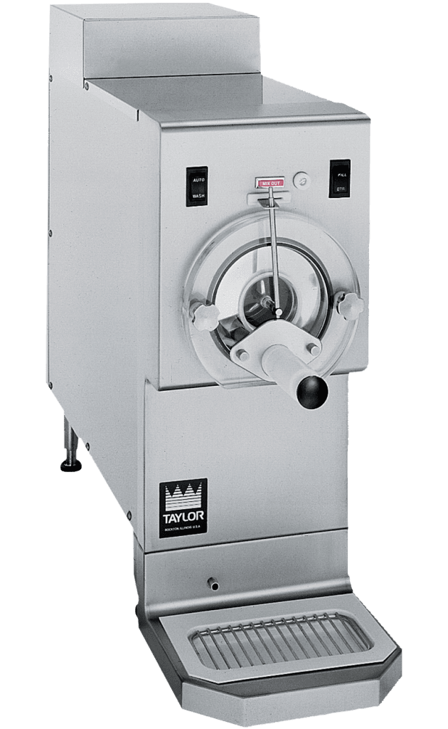 Countertop single barrel, frozen beverage machine with clear front door and a black sticker with the Taylor logo