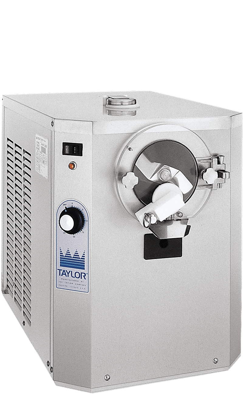 Small countertop, stainless steel batteries are with a blue Taylor logo on the left corner.