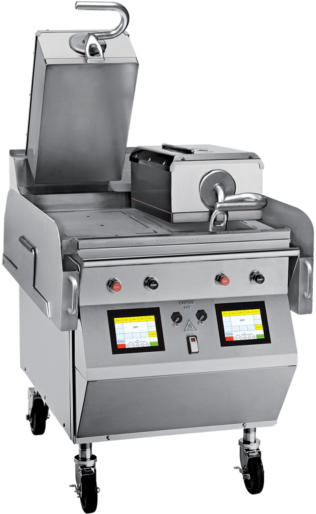 Two-sided cooking commercial gas with electric griddle, Taylor Model L819, with one-touch menu for accurate cooking settings for different products.