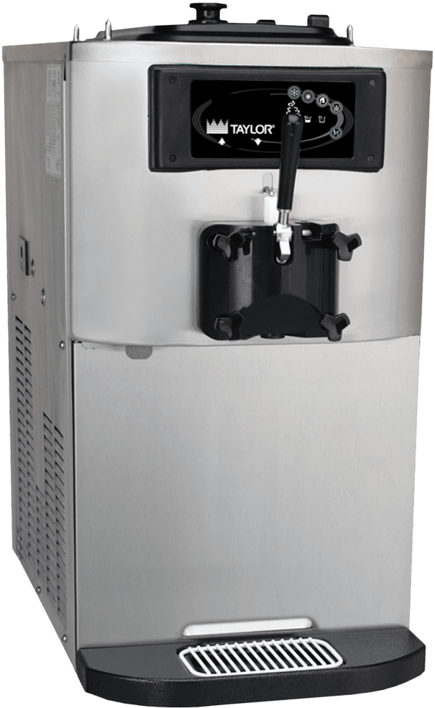 silver commercial soft serve countertop machine with black door, black handle and black lcd display with the logo taylor