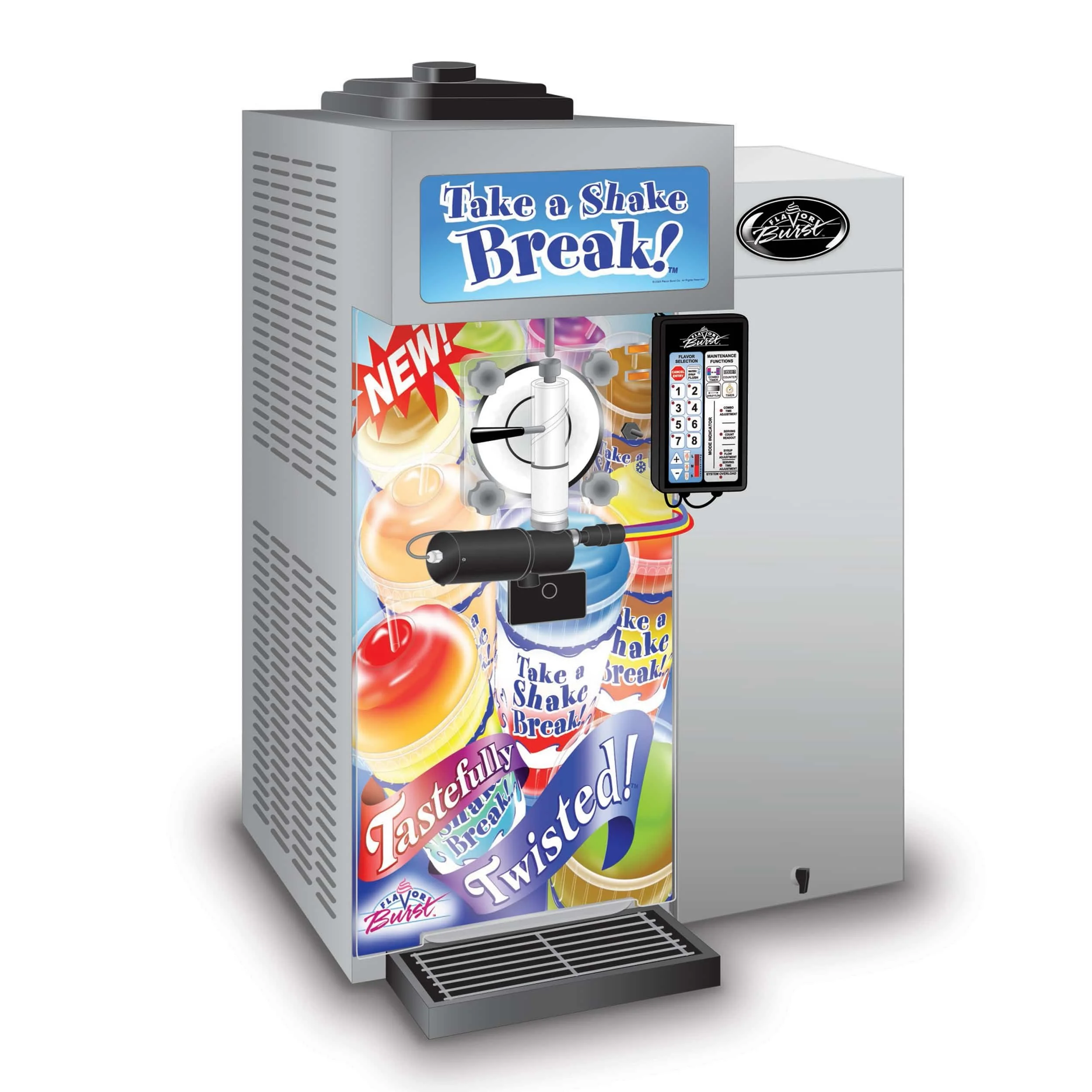 Commercial milkshake machine with a colorful front that has the words take a shake break.