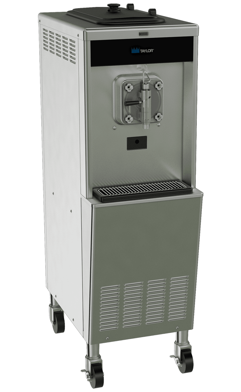 A Taylor commercial frozen beverage machine with single dispensing head, stainless steel finish, drip tray, and rolling casters.