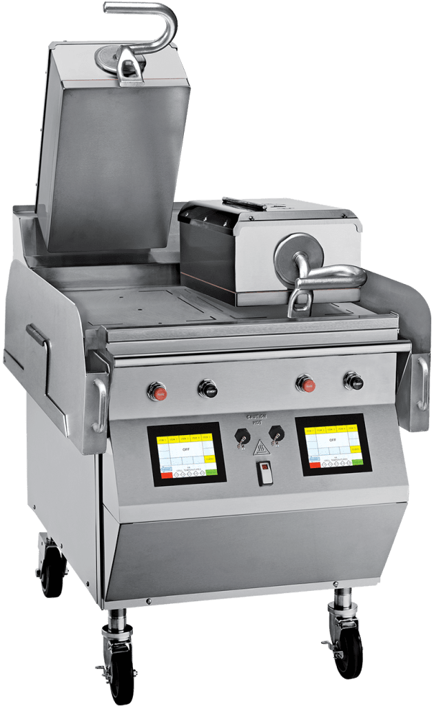Two-sided cooking commercial electric griddle, Taylor Model L820, with one-touch menu for accurate cooking settings for different products.